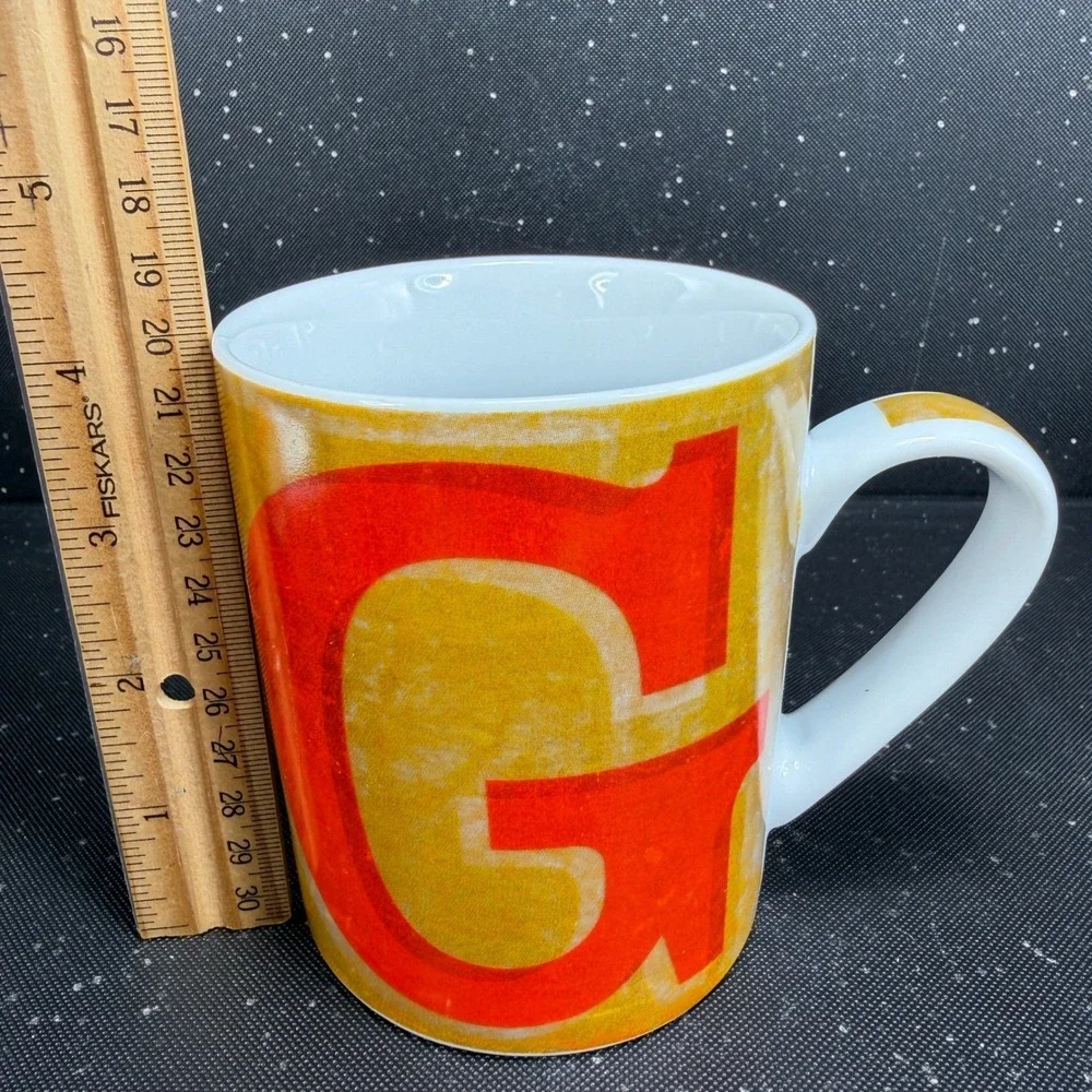 Pier 1 Porcelain Letter G Coffee Mug‎ Red Yellow Orange Monogram Initial Cup